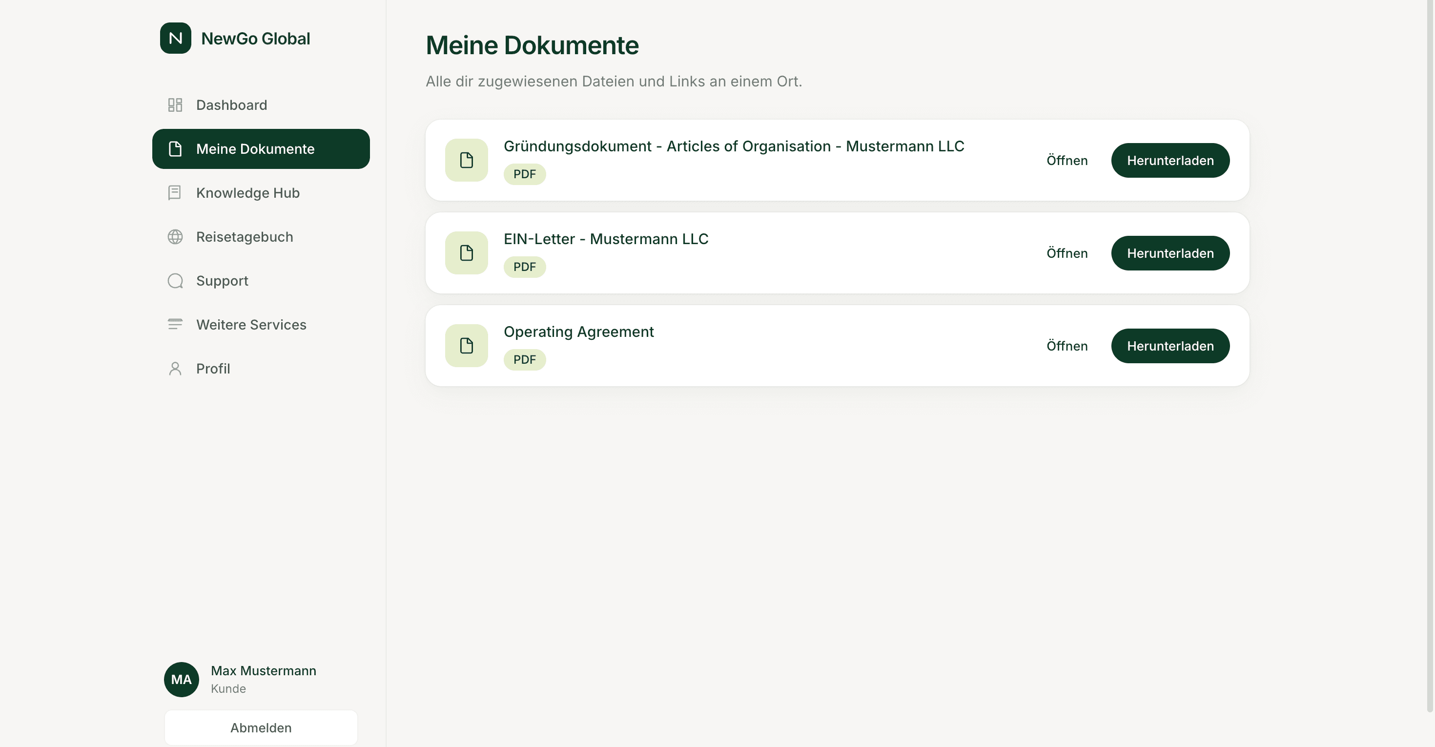 NewGo Global LLC-Dashboard – LLC-Dokumente